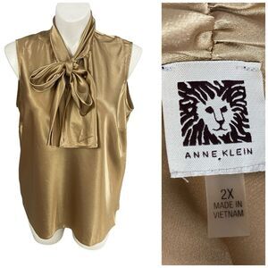 Anne Klein Top Womens Sz 2X Blouse Satin Gold Tie Work Office Corpcore Church